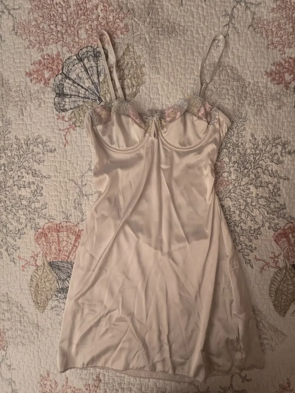 Lace Trim Bodice Blush Slip Nightie Lingerie Dress Keyhole Bodice Open Back Sz M